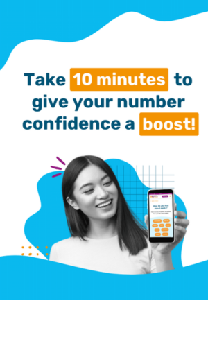 a promotional picture for the numeracy improvement tool, the National Numeracy Challenge, featuring a woman smiling and holding up a mobile phone