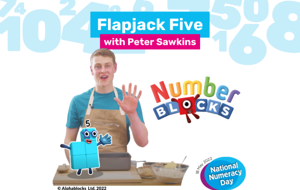 Image showing Peter Sawkins baking flapjacks, with the Numberblocks logo