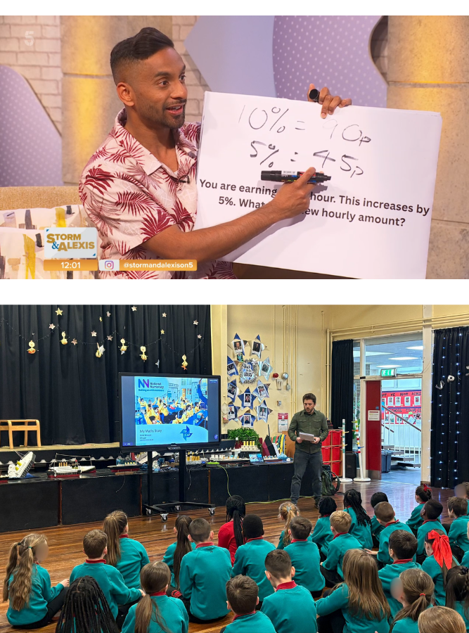 Photos of Bobby Seagull on Channel 5, and a volunteer leading an assembly for children on National Numeracy Day