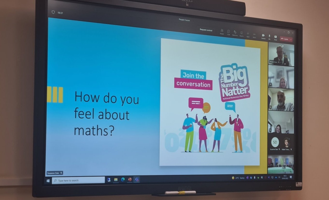 Screen showing "How do you feel about maths?" on a video call with Lincolnshire Co-op staff