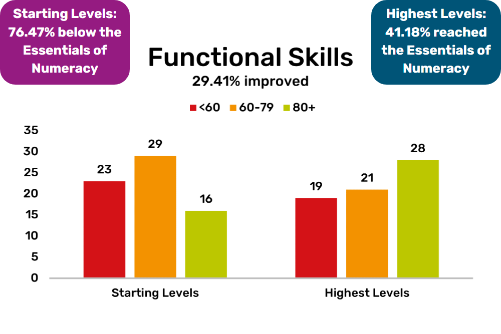 Graph showing the results of the users taking Functional Skills, showing an overall improvement from the starting levels.