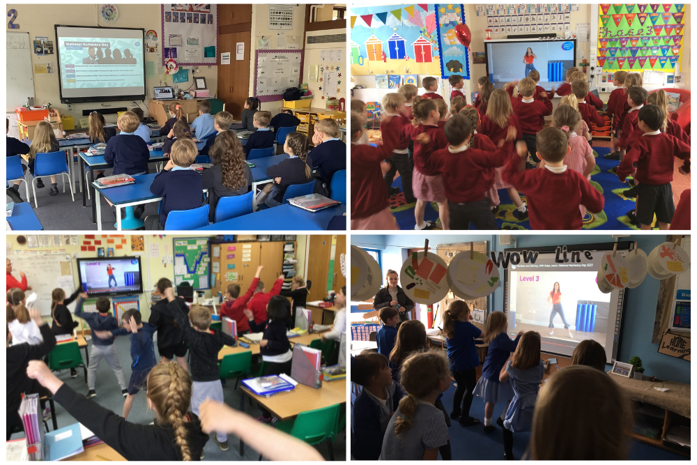 Four photos taken in schools on National Numeracy Day, showing the children dancing along to Katya Jones's video