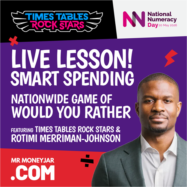 Promotional image for the live lesson with Times Tables Rock Stars and Rotimi Merriman-Johnson
