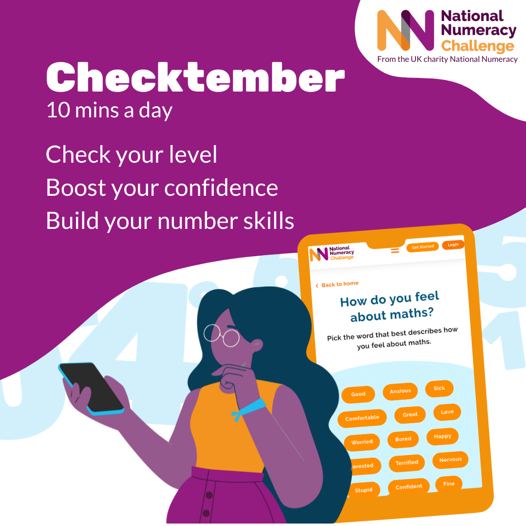 Checktember graphic: "10 mins a day, Check your level, Boost your confidence, Build your numbers skills"