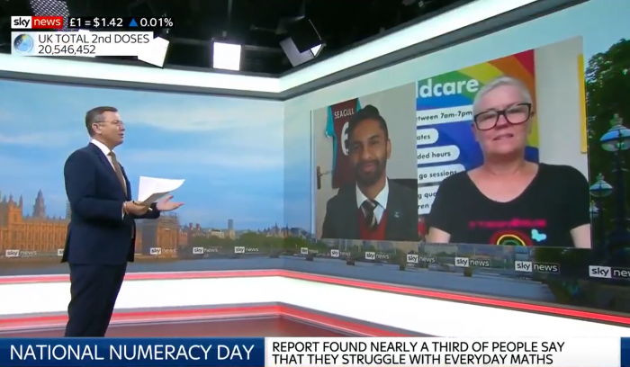 Screenshot of Amassador Bobby Seagull and National Numeracy Day Hero Cara on Sky News talking about National Numeracy Day