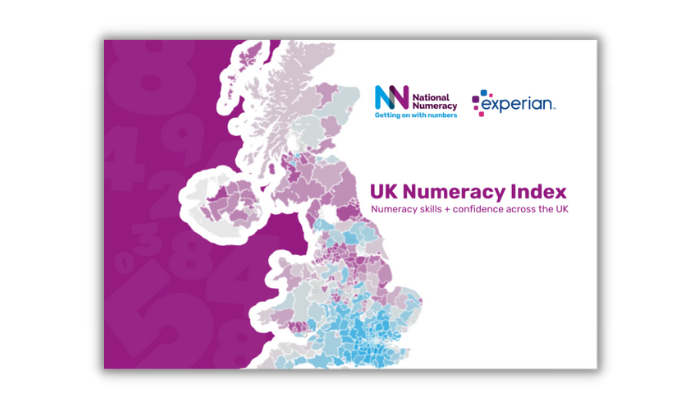 Graphic showing a map of the UK with areas shaded in different colours, with text reading "UK Numeracy Index. Numeracy skills + confidence across the UK"
