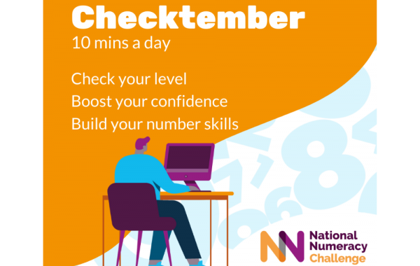 Graphic of a person with a computer, and text saying "Checktember | 10 mins a day | Check your level | Boost your confidence | Build your number skills"