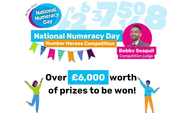 Image of Ambassador Bobby Seagull with text saying "National Numeracy Day Number Heroes Competition. Over £6,000 worth of prizes to be won!"