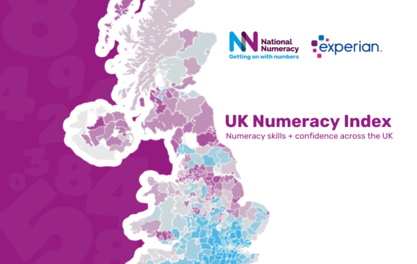 Graphic showing a map of the UK with areas shaded in different colours, with text reading "UK Numeracy Index. Numeracy skills + confidence across the UK"