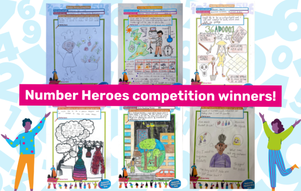 Text saying "Number Heroes competition winners!" photos of the winning drawings