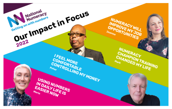 Cover the National Numeracy 2022 impact report, featuring real-life learners