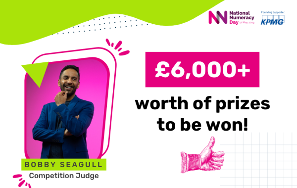 Picture of Bobby Seagull, competition judge, with text saying "£6,000+ worth of prizes to be won"