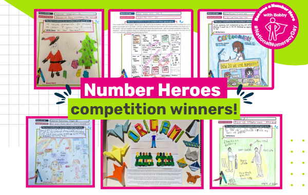 Image showing the six winners' entries, with text saying "Number Heroes competition winners!