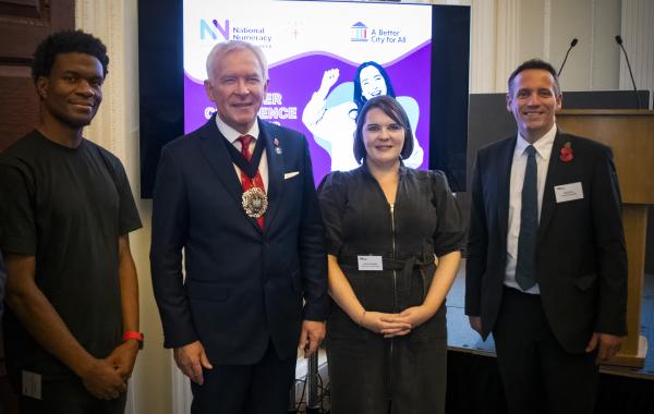 Photo from the Mansion House event of Timi Merriman-Johnson, Alderman Nicholas Lyons, Leanne Chandler, and Sam Sims