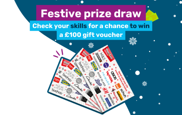 Image of vouchers with text saying "Festive prize draw: Check your skills for a chance to win a £100 gift voucher"