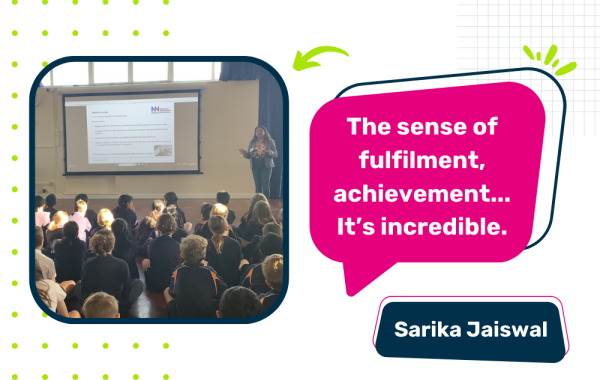 Photo of Sarika Jaiswal leading an assembly with a quote saying "The sense of fulfilment, achievement... It's incredible."