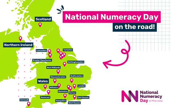 A graphic showing a map of the UK and text saying "National Numeracy Day on the road!"