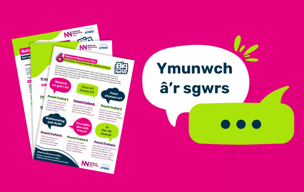 Image of resources with a speech bubble saying "Ymunwch â’r sgwrs"