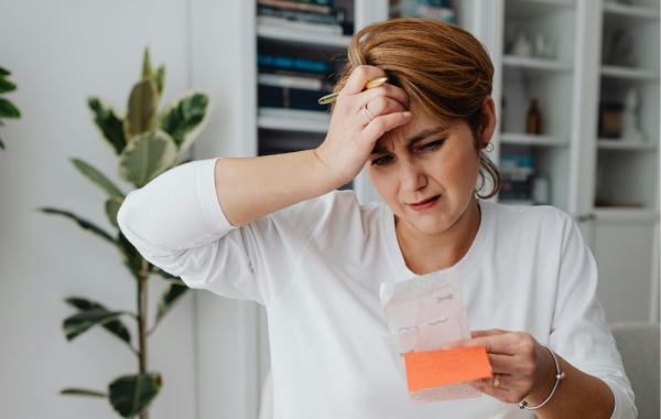 Woman holding a receipt looking stressed