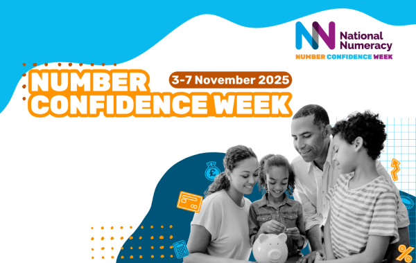 Image of a family with text saying "Number Confidence Week"