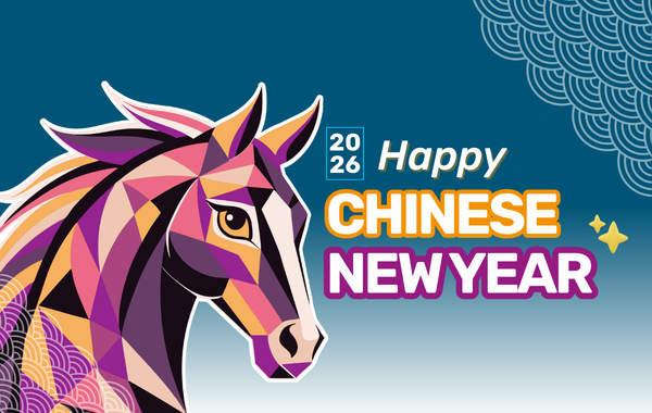 Graphic of a horse with text saying "Happy Chinese New Year"