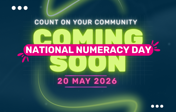 National Numeracy Day coming soon graphic in blue, green and pink