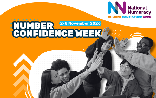 Image of people high-fiving, with text saying "Number Confidence Week. 2-8 November 2026."