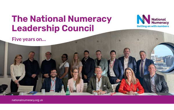The cover of the National Numeracy Leadership Council report, showing National Numeracy Leadership Council members, some sitting and some standing, all smiling