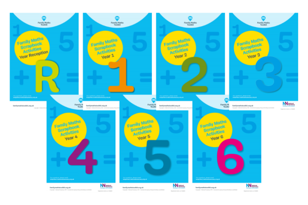 Image showing the covers of the Family Maths Toolkit Activities, from Reception to Year 6