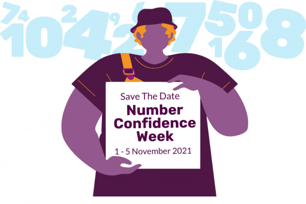 Graphic of a person holding a sign saying "Save the Date. Number Confidence Week. 1-5 November 2021."