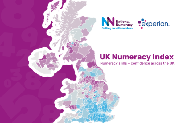 Graphic showing a map of the UK with areas shaded in different colours, with text reading "UK Numeracy Index. Numeracy skills + confidence across the UK"
