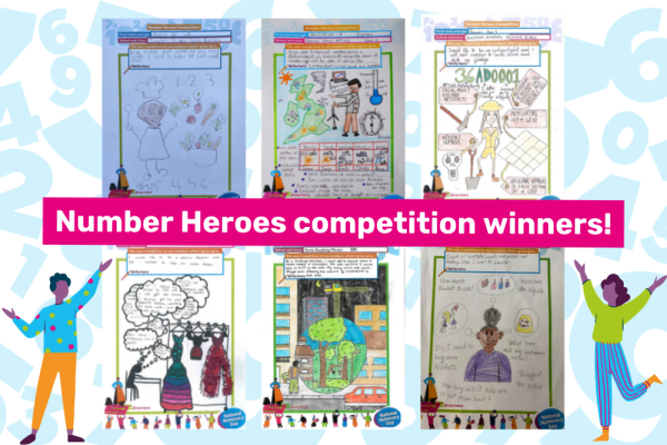 Text saying "Number Heroes competition winners!" photos of the winning drawings