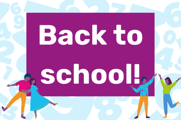 Text saying "Back to school!" with cartoon figures dancing