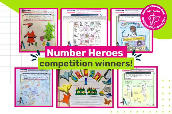 Image showing the six winners' entries, with text saying "Number Heroes competition winners!