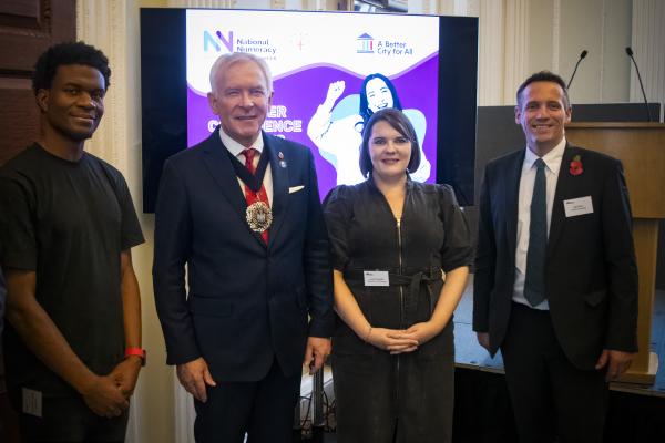 Photo from the Mansion House event of Timi Merriman-Johnson, Alderman Nicholas Lyons, Leanne Chandler, and Sam Sims
