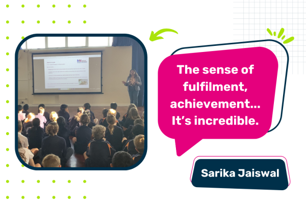 Photo of Sarika Jaiswal leading an assembly with a quote saying "The sense of fulfilment, achievement... It's incredible."