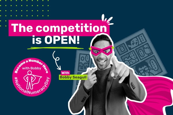 Photo of Bobby Seagull with superhero graphics, with text saying "The competition is OPEN!"
