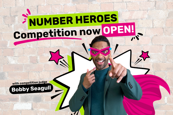 Bobby Seagull looking like a superhero with text "Number Heroes Competition Now Open!"
