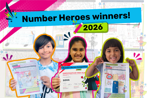 Image saying "Number Heroes winners!" with drawings and photos from the winning children