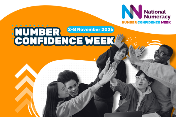 Image of people high-fiving, with text saying "Number Confidence Week. 2-8 November 2026."