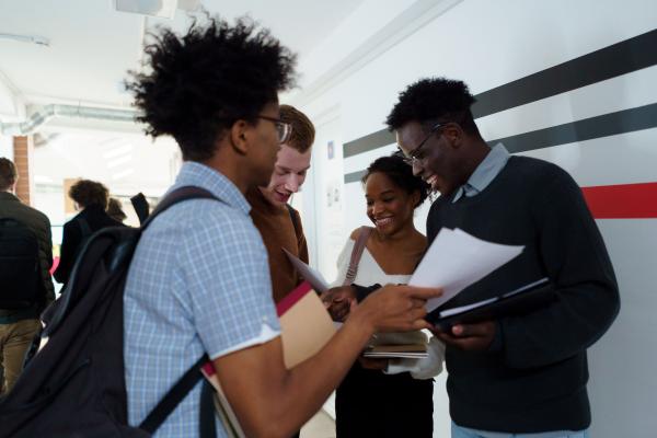Students looking at exam results