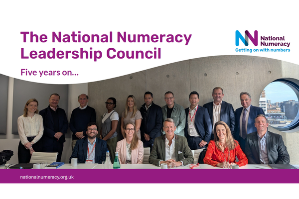 The cover of the National Numeracy Leadership Council report, showing National Numeracy Leadership Council members, some sitting and some standing, all smiling