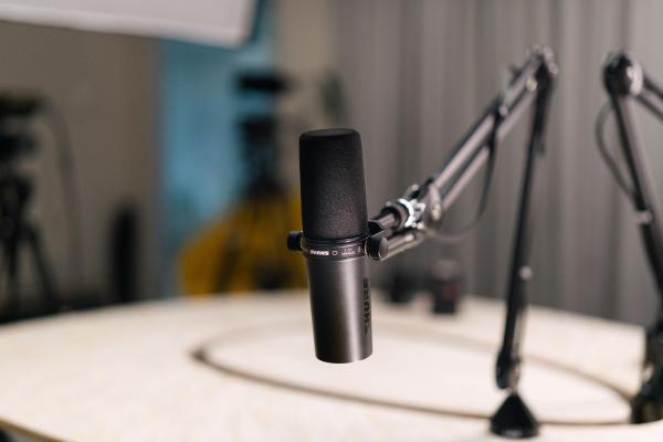 A picture of a radio microphone in a studio