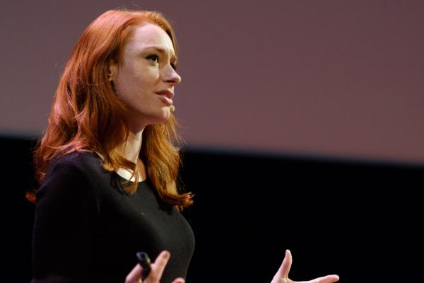 Hannah Fry speaking on stage